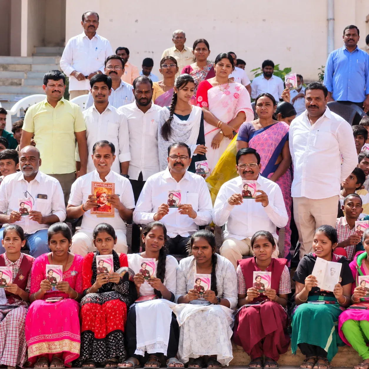 Yennam Srinivas Reddy seated with students and teachers who hold books distributed at their school